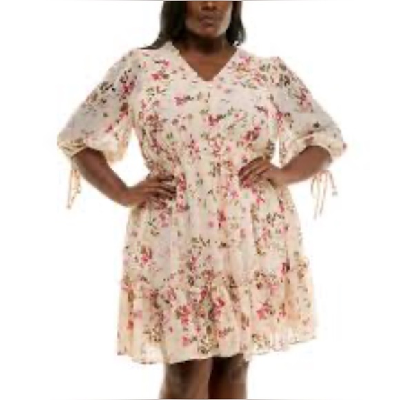 Taylor Romantic Cottagecore Cream Floral Ruffled Tie Sleeve Mini Dress Size 20 - Picture 4 of 13